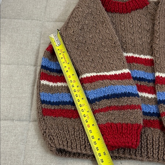 Sweater. Children’s. Hand made. Vintage. Cozy Brown Striped Knit Sweater - Picture 2 of 4